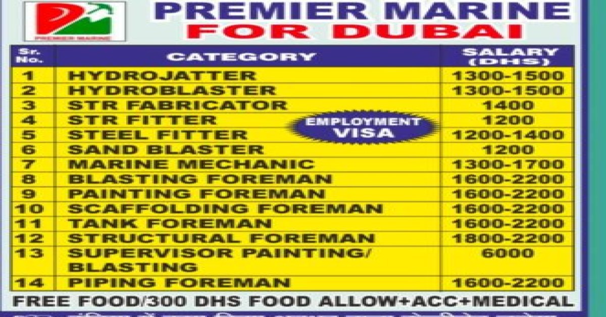 Recruitment to Dubai Premier Marine Job IFT Baroda Interview