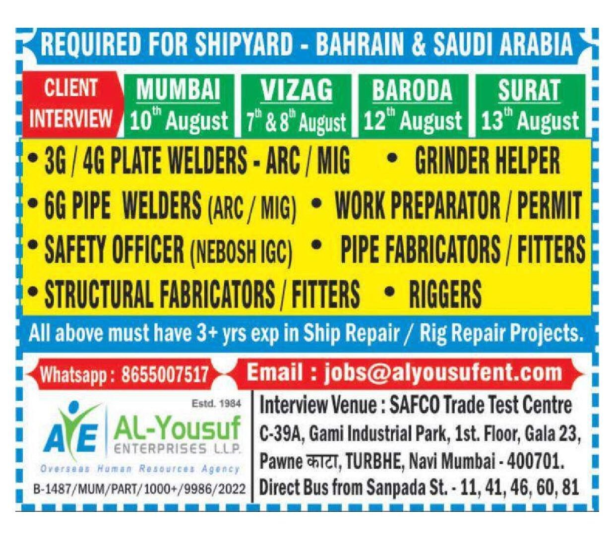 Urgent required For Shipyard Project in Saudi Arabia